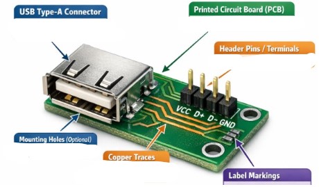 Components&ensp;of&ensp;USB A Female Breakout&ensp;Board
