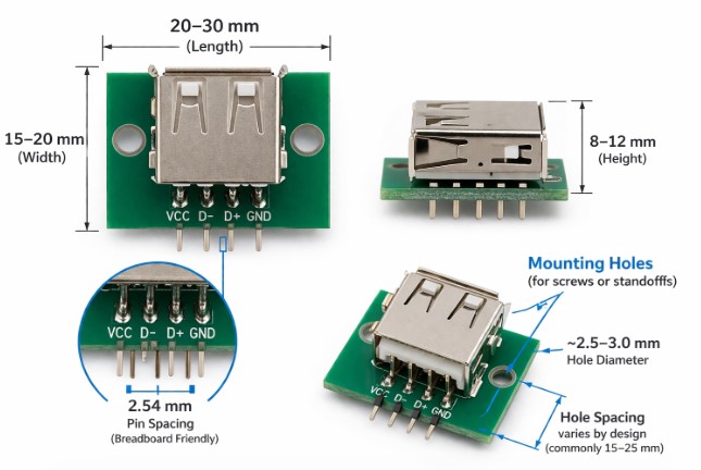 USB A Female Breakout Dimensions